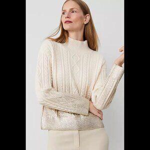 NWT Ann Taylor Foil Cable Mock Neck Sweater, M, Cream & Gold
